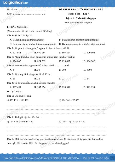 Đề kiểm tra giữa học kì 1 Toán 4 Chân trời sáng tạo - Đề số 7